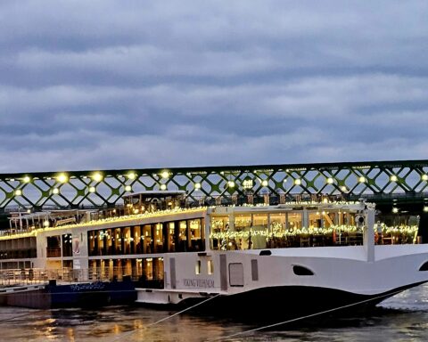 Viking River cruise ship at night